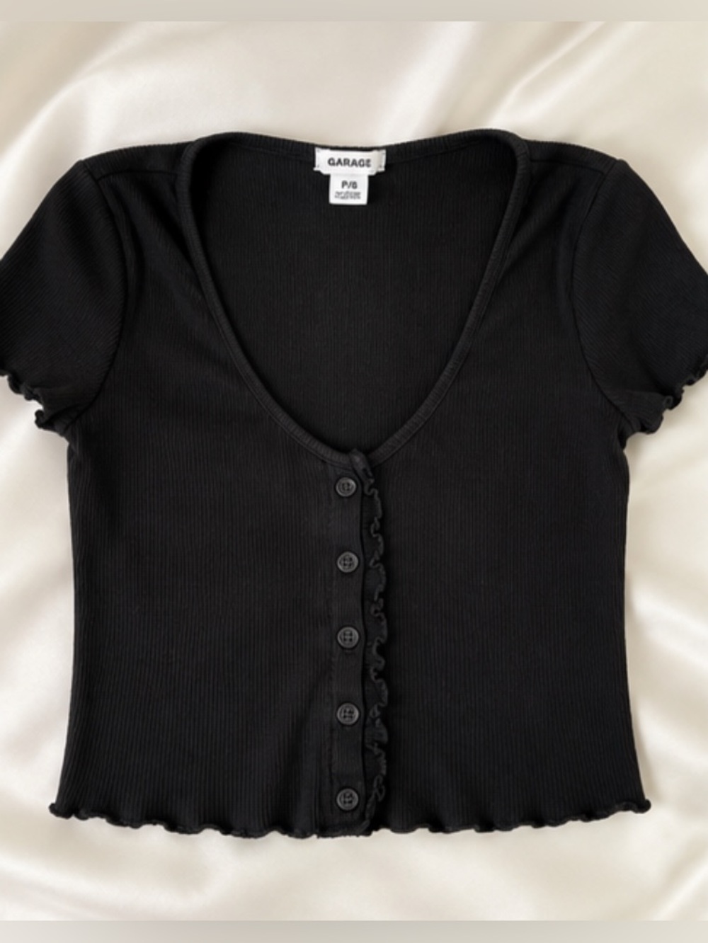 Garage Black Ribbed V‑Neck Lettuce-Edge Crop Top